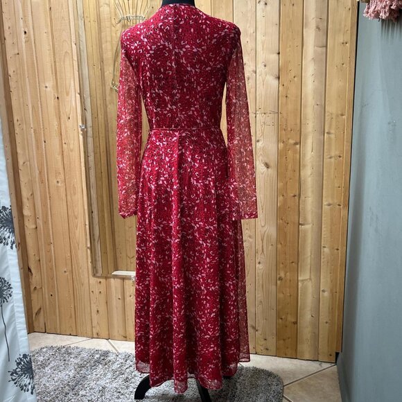 BCBGeneration red print wrap around dress. Shin length. Size 6 sheer sleeves. - Picture 5 of 7